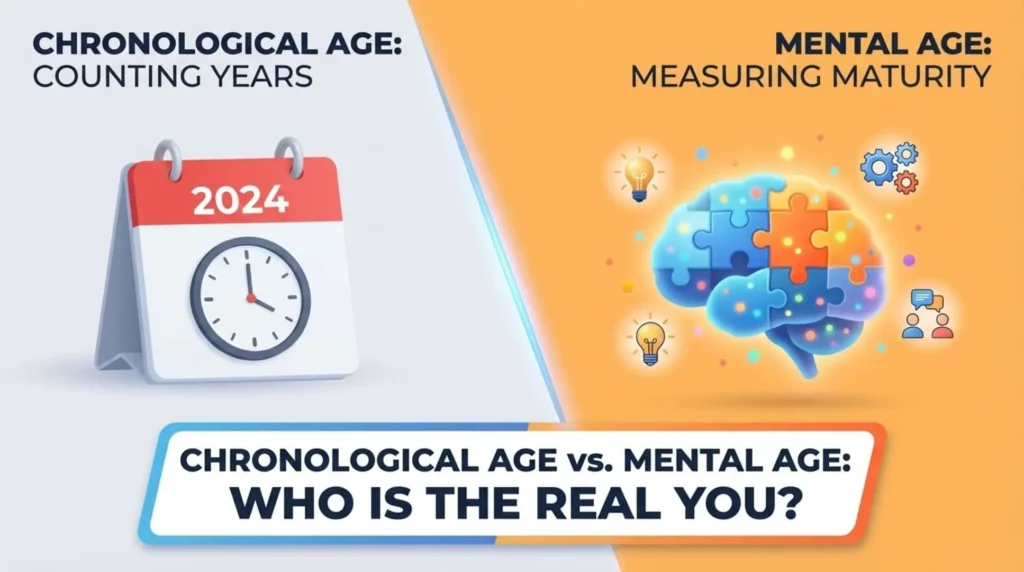 Chronological Age VS Mental Age | What's The Real Difference 3 A professional infographic comparing Chronological Age vs Mental Age (puzzle brain)