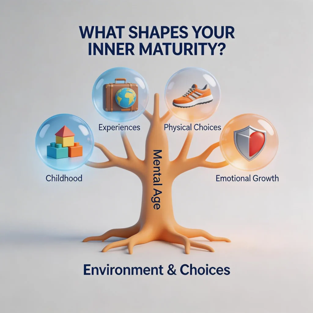  Factors that influence mental age including childhood environment, life experiences, learning, and emotional development.