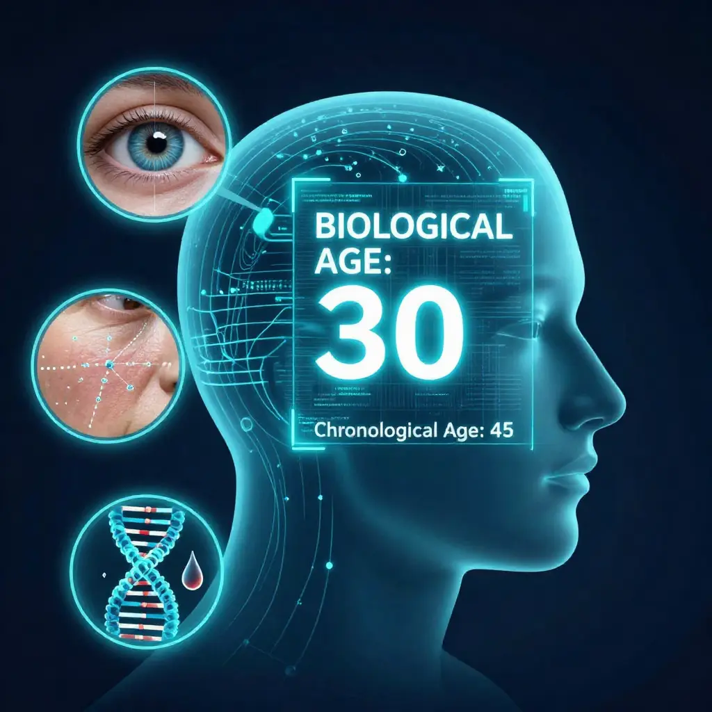 AI aging clock scan analyzing a human face, eye, and data points to determine biological age.