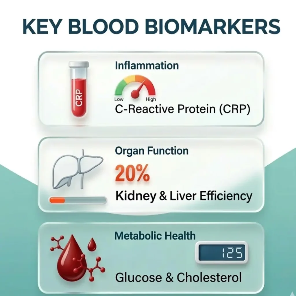 Medical infographic showing key blood biomarkers for biological age: CRP inflammation levels, organ function, and blood sugar
