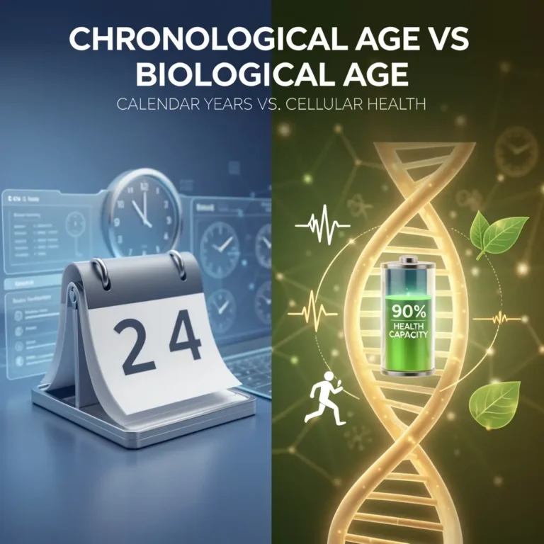 Chronological Age Vs Biological age while Chronological age as a calendar and Biological Age as a DNA strand with a 90% health battery