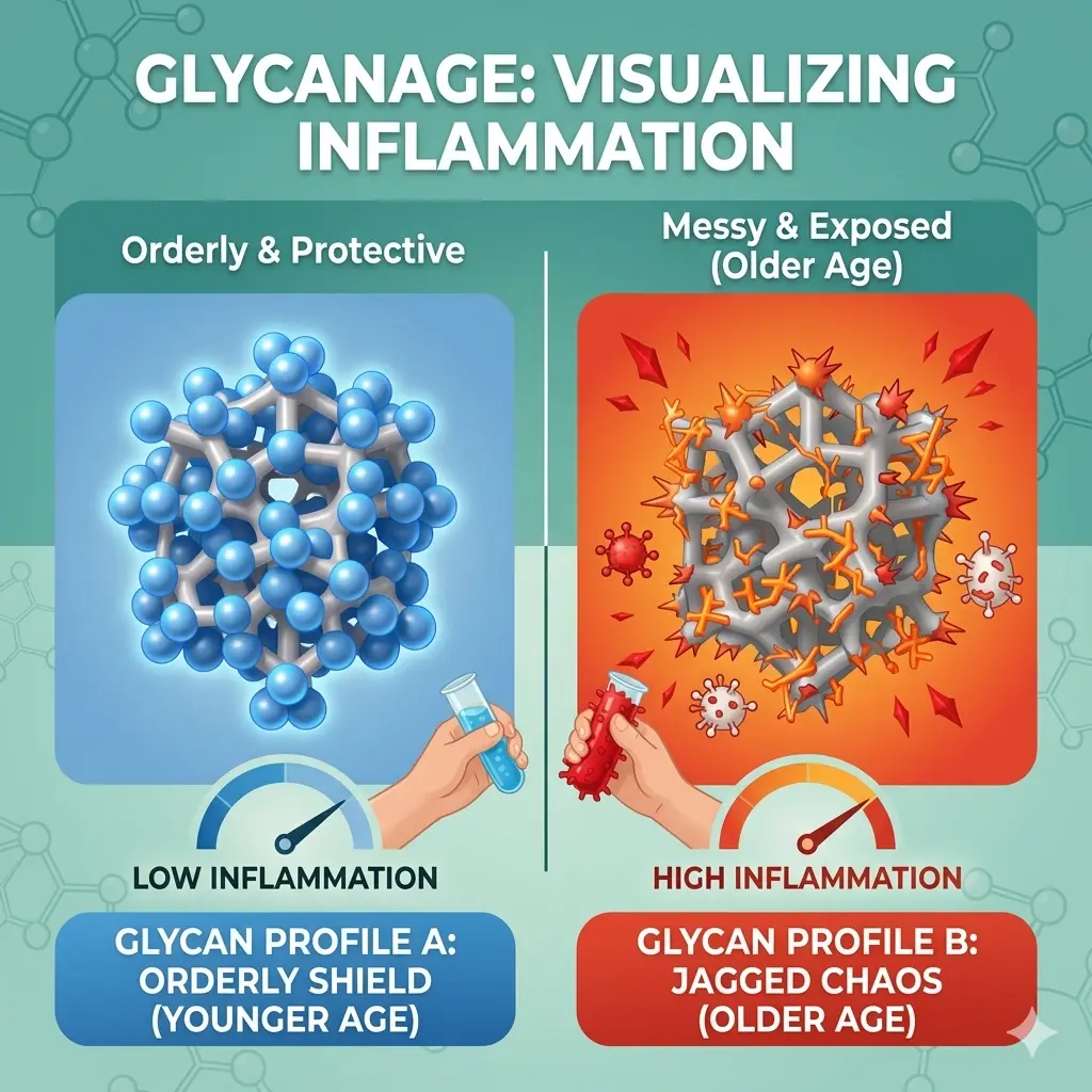 Showing Glycan analysis comparing an orderly, protective coating of glycans (left) to a messy coating showing damage and inflammation (right).