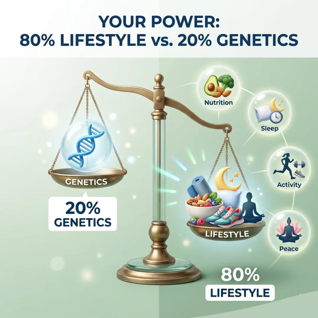 Infographic showing that 80% of biological age is driven by lifestyle choices like nutrition, sleep, exercise, and stress management.