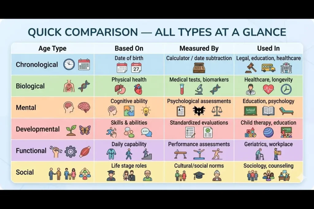 6 Types of Ages Explained: Chronological, Social & More 5 Types of ages explained in a table.
